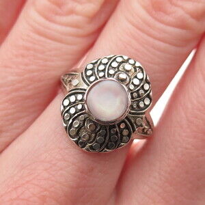Silver Cloud 925 Sterling Vintage Real MOP Dotted Oxidized Ring Size 7.25